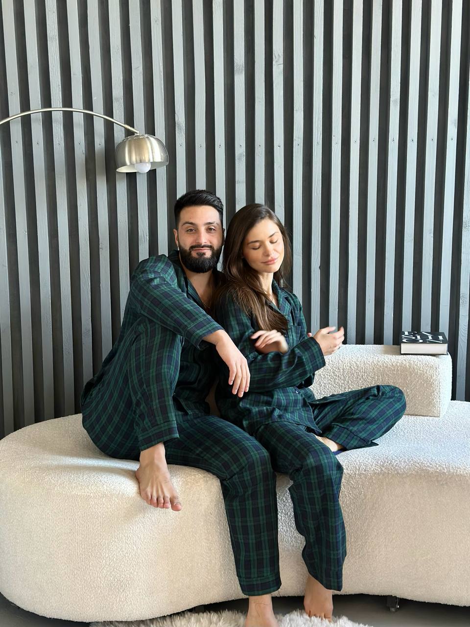 COSY — couple in green checked pajamas