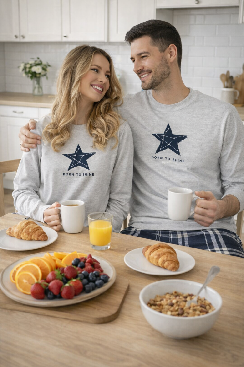 COSY — couple having breakfast in matching loungewear