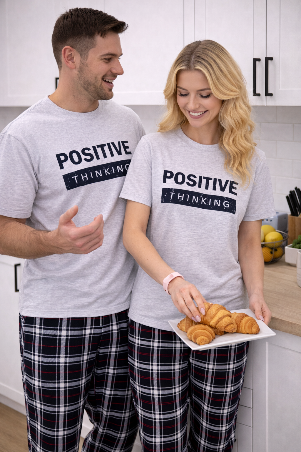 COSY — couple in matching loungewear in the kitchen