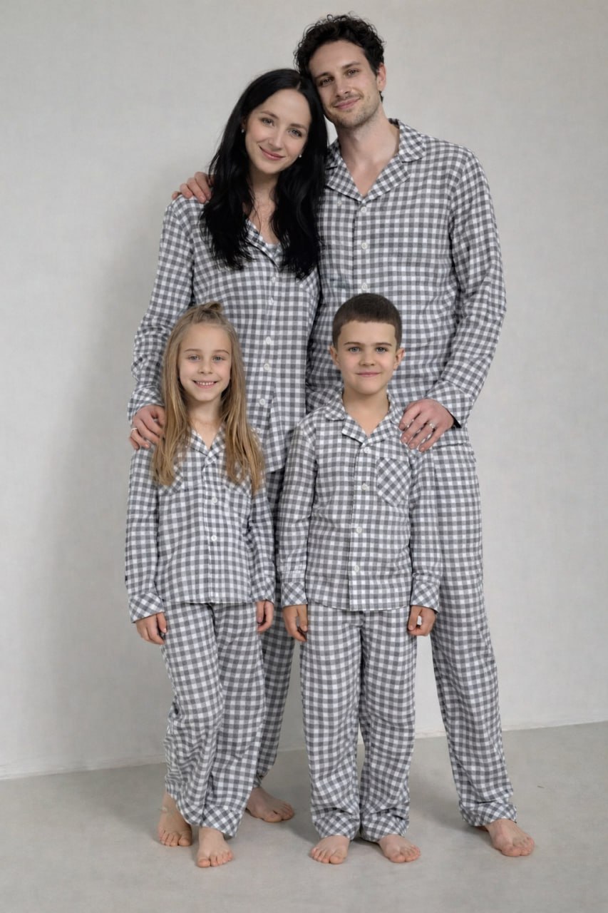 COSY — family in matching checked pajamas
