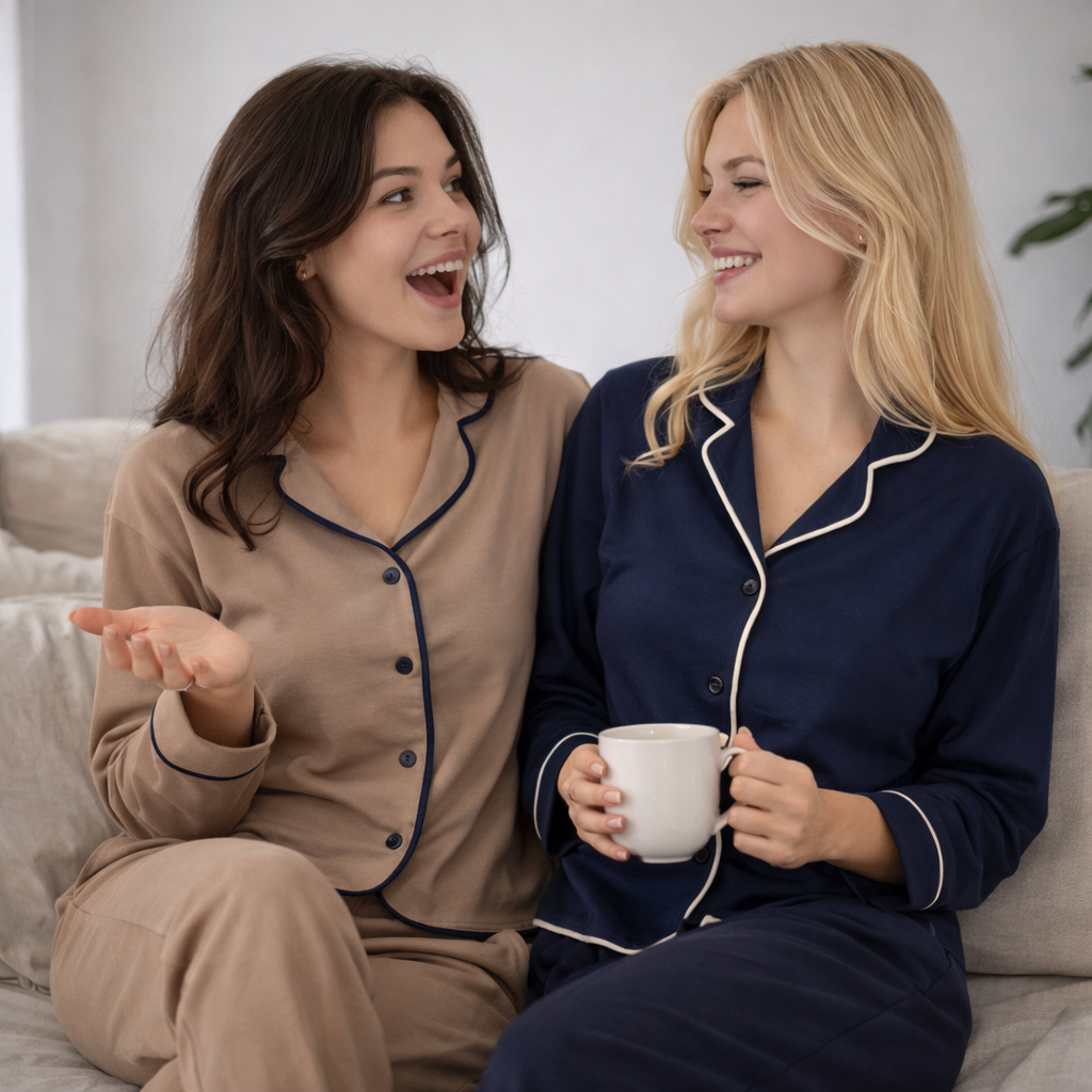 COSY lifestyle — two women in latte and navy pajamas
